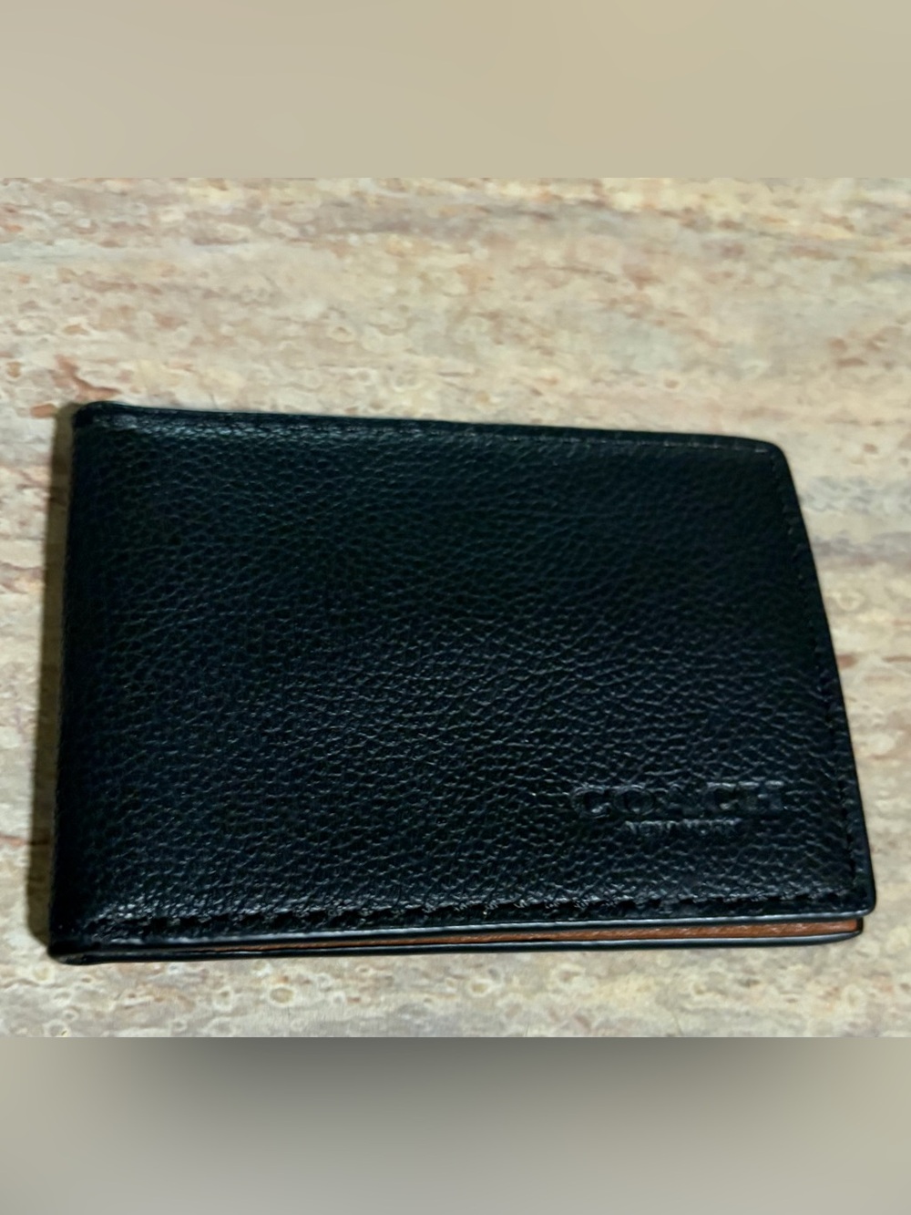 Coach Black Pebbled Leather Bifold Wallet with Brown Edge